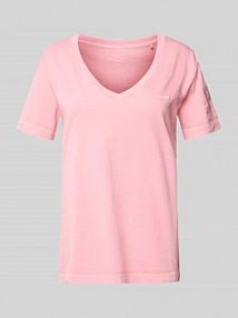 T-shirt z prążkowanym dekoltem w serek Gant różowy damski EAN 4200867