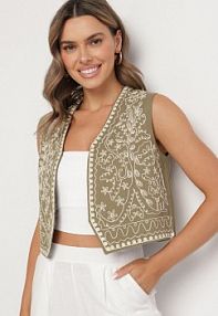 Ciemnozielona Bawełniana kamizelka Ozdobiona Haftem Belvanis belcci damska