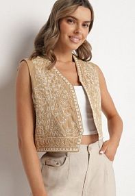 Beżowa Bawełniana kamizelka Ozdobiona Haftem Belvanis belcci damska