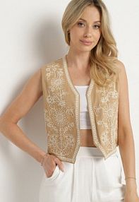 Beżowa kamizelka z Bawełny Ozdobiona Haftem Lisanwena belcci damska