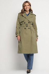 Ciemnozielony płaszcz Trencz z Wiskozą o Klasycznym Kroju z Paskiem Mabbea Born2Be damski