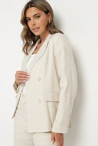 Beżowa Dwurzędowa Marynarka z Lnem Bawełną i Imitacją Kieszeni Fenarosa sophyline paris