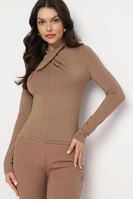 Jasnobrązowa bluzka z Półgolfem Ozdobiona Drapowaniem Binare Born2Be damska