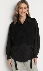 Czarna koszula o Nietoperzowym Kroju z Naszytą Dzianinową Kamizelką Hanorielin Born2Be damska
