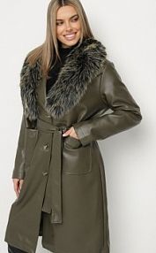 Zielony Jednorzędowy płaszcz z Imitacji Skóry z Wiązanym Paskiem i Odpinanym Futrem Semivora Born2Be damski