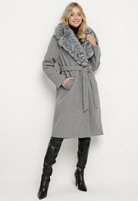 Szary Elegancki płaszcz Dwurzędowy z Futrzanym Kołnierzem i Paskiem Adeloria Born2Be damski