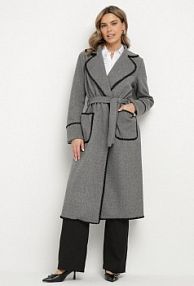 Szary płaszcz z Kontrastowymi Obszyciami o Szlafrokowym Kroju z Wiązanym Paskiem Norenamia Born2Be damski