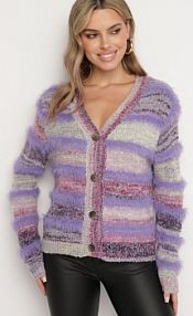 Fioletowy kardigan z Wełną i Wiskozą na Guziki Ozdobiony Paskami Esalenia Born2Be