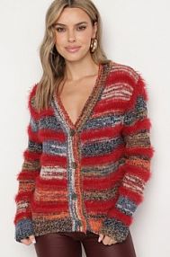 Pomarańczowo-Granatowy kardigan z Wełną i Wiskozą na Guziki Ozdobiony Paskami Esalenia Born2Be