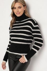 Czarny Klasyczny golf Ozdobiony Paskami Nelonis Born2Be damski