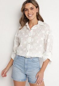 Biała koszula Oversize z Bawełny Zdobiona Kwiatowym Haftem Reinoviel m&d fashion damska