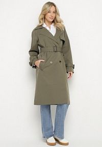 Zielony płaszcz w Stylu Trencza Ozdobiony Paskiem z Klamrą Ninellira Born2Be damski