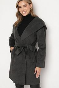 Ciemnoszary płaszcz z Wiskozą Ozdobiony Paskiem i Kapturem Ninnetiria Born2Be damski