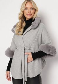 Szary Wiskozowy płaszcz Ponczo z Futerkiem i Paskiem w Talii Simantika Born2Be damski