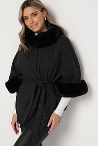 Czarny Wiskozowy płaszcz Ponczo z Futerkiem i Paskiem w Talii Simantika Born2Be damski