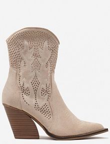 Beżowe Ażurowe Botki kowbojki na Stożkowym Obcasie Leanorin Renee