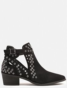 Czarne Botki kowbojki na Słupku Ozdobione Nitami i Wycięciem Eleawena Renee