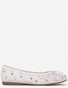 Białe Siateczkowe Balerinki na Płaskiej Podeszwie z Cyrkoniami i Koronką Froresi Renee