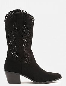 Czarne Botki kowbojki na Słupku z Ażurową Cholewką Felmira Renee