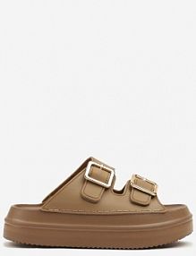 Ciemnobeżowe klapki na Platformie z Pianki Ozdobione Klamrami Riminna bestelle damskie