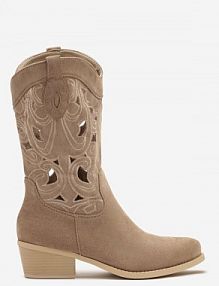Ciemnobeżowe Botki na Obcasie Typu kowbojki z Cholewką Zdobioną Ażurowymi Wycięciami Felithiel Renee