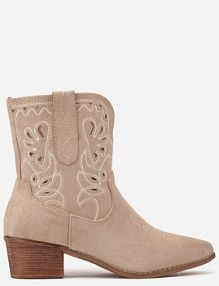 Ciemnobeżowe Botki kowbojki Vices na Słupku Ozdobione Haftem Nelithen