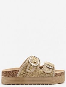 Beżowe Szydełkowe klapki na Niskiej Platformie z Paskami z Klamrami Redeleine c'm paris damskie
