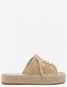 Beżowe klapki na Grubej Podeszwie z Plecionki Zdobione Tweedem i Sznurowaniem Nevalissa ciaodeo damskie