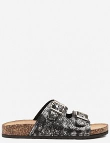 Czarne Wężowe klapki na Podeszwie z Imitacji Korka Zdobione Sprzączkami Virlevia bestelle damskie