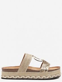 Złote Wężowe klapki na Plecionej Podeszwie z Transparentnymi Paskami Telirea bestelle damskie