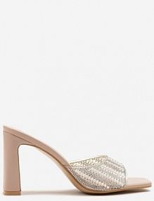 Beżowe klapki na Słupku z Cyrkoniową Cholewką Merowenna fashion belle