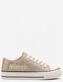 Złote Wężowe Brokatowe trampki z Napisem i Niską Cholewką Borlevi bestelle damskie