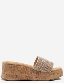 Beżowo-Różowe klapki na Korkowym Koturnie Ozdobione Plecionką Tezara bestelle