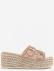 Beżowo-Różowe Tweedowe klapki na Koturnie z Plecionką Desinora ciaodeo