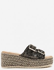 Czarne Tweedowe klapki na Koturnie z Plecionką Desinora ciaodeo