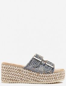 Niebieskie Tweedowe klapki na Koturnie z Plecionką Desinora ciaodeo
