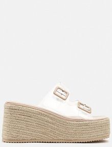 Beżowe klapki na Koturnie z Plecionką i Transparentnymi Paskami i Klamrami Lunitielle fashion belle