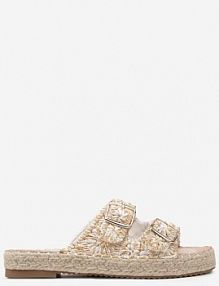 Biało-Beżowe Szydełkowe klapki Ozdobione Plecionym Sznurkiem i Klamrami Wilanne ideal damskie