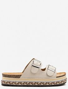 Beżowe klapki na Niskiej Platformie z Ozdobną Plecionką i Klamrami Tuessa confly damskie