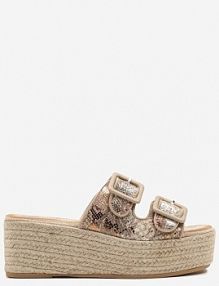 Beżowe Wężowe klapki na Koturnie z Plecionki z Klamrami Nanarea ideal