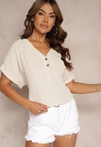 Beżowa bluzka z Wiskozą Ozdobiona Ażurowymi Wstawkami Ozdobiona Guzikami Vimalenna Renee damska