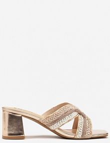 Szampańskie klapki na Obcasie z Paskiem Ozdobionym Wycięciami i Cyrkoniami Fenielisa Renee