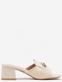 Beżowe klapki na Obcasie ze Wstawką z Plecionki i Elegancką Aplikacją Leandrae Renee