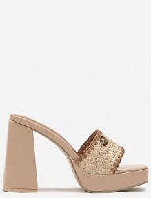 Beżowe klapki na Słupku i Platformie z Ozdobną Rafią Eleadwen Renee