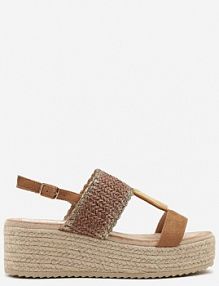 Brązowe sandały na Koturnie z Plecionką i Okrągłą Aplikacją napine ciaodeo