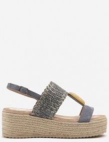 Niebieskie sandały na Koturnie z Plecionką i Okrągłą Aplikacją napine ciaodeo