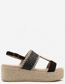 Czarne sandały na Koturnie z Plecionką i Okrągłą Aplikacją napine ciaodeo