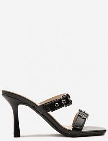 Czarne klapki na Obcasie z Kwadratowym Noskiem i Paskami ze Sprzączkami Rosaniela ciaodeo