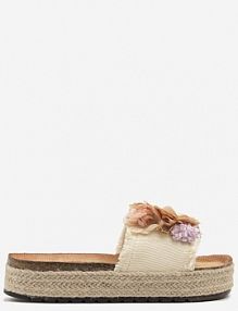 Beżowe klapki na Plecionej Podeszwie z Ozdobną Aplikacją z Kwiatami Janilora ideal damskie