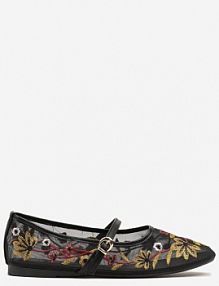 Czarne Siateczkowe Balerinki z Florystycznym Haftem i Paskiem na Sprzączkę Danirna c'm paris